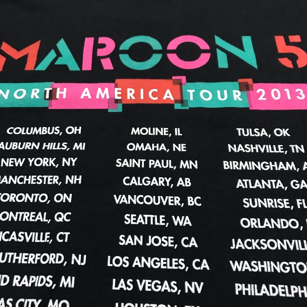 🎸 ‘13 Maroon 5 Maroon Five Band World Tour Columned Colors Tee Shirt - Picture 11 of 14